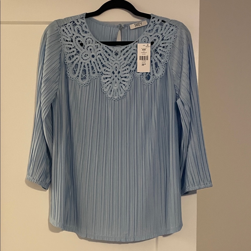 Suzy Shier Light Blue Pleated Blouse with Lace